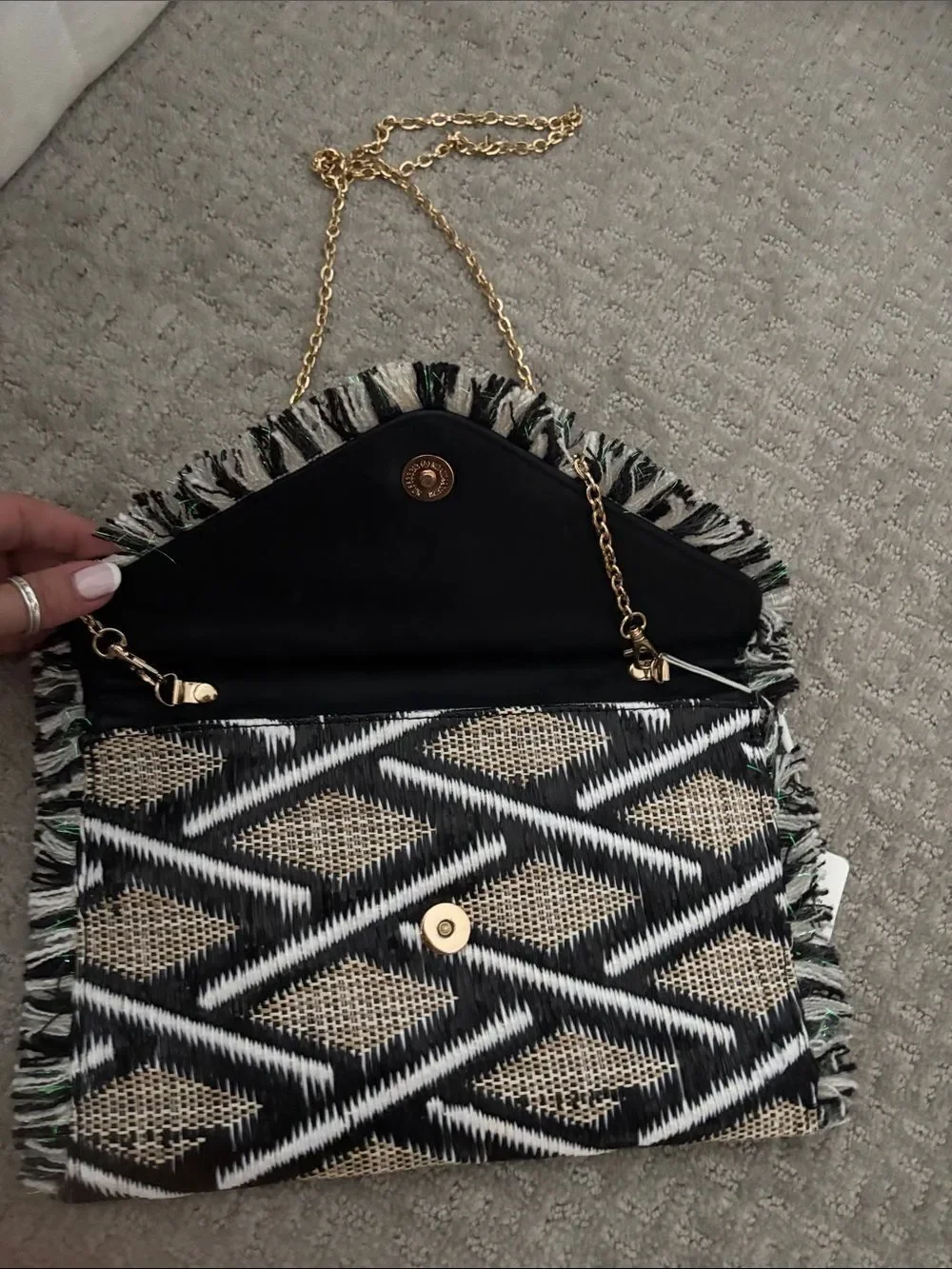 Urban Expressions Black & Cream Woven Fringe Envelope Clutch